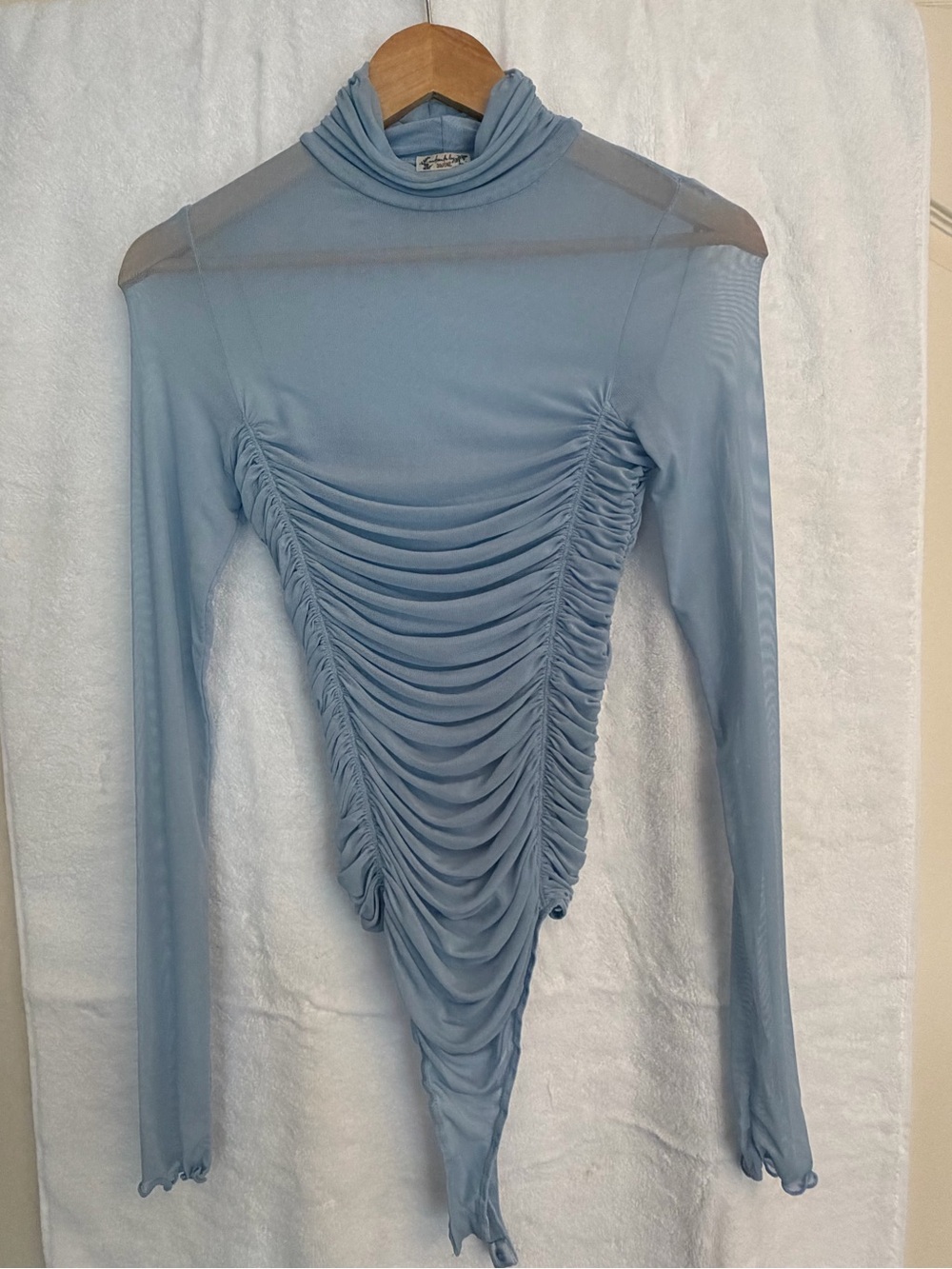 We The Free Light Blue Ruched Mesh Long Sleeve Bodysuit
